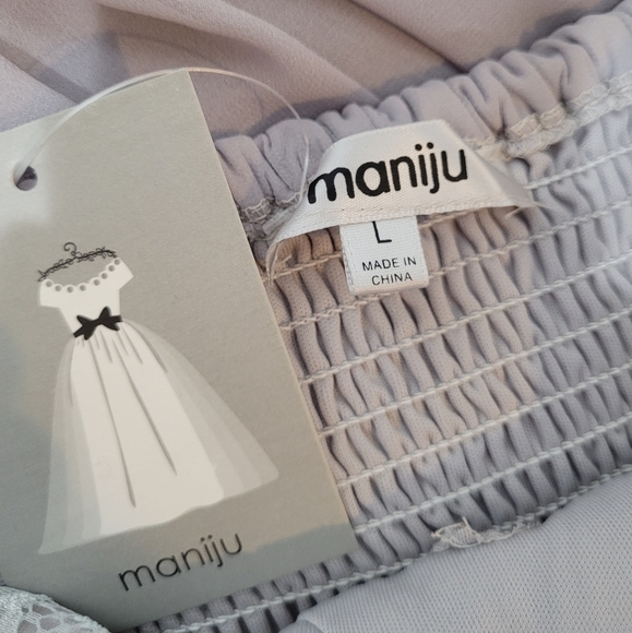 Maniju Gray V-Neck Lace Top Spaghetti Straps Floor Length Chiffon Skirt - Size L - Picture 9 of 12